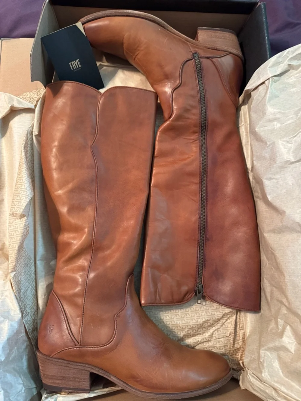 Frye Carson Piping Tall Brown Leather Boots - Picture 2 of 11
